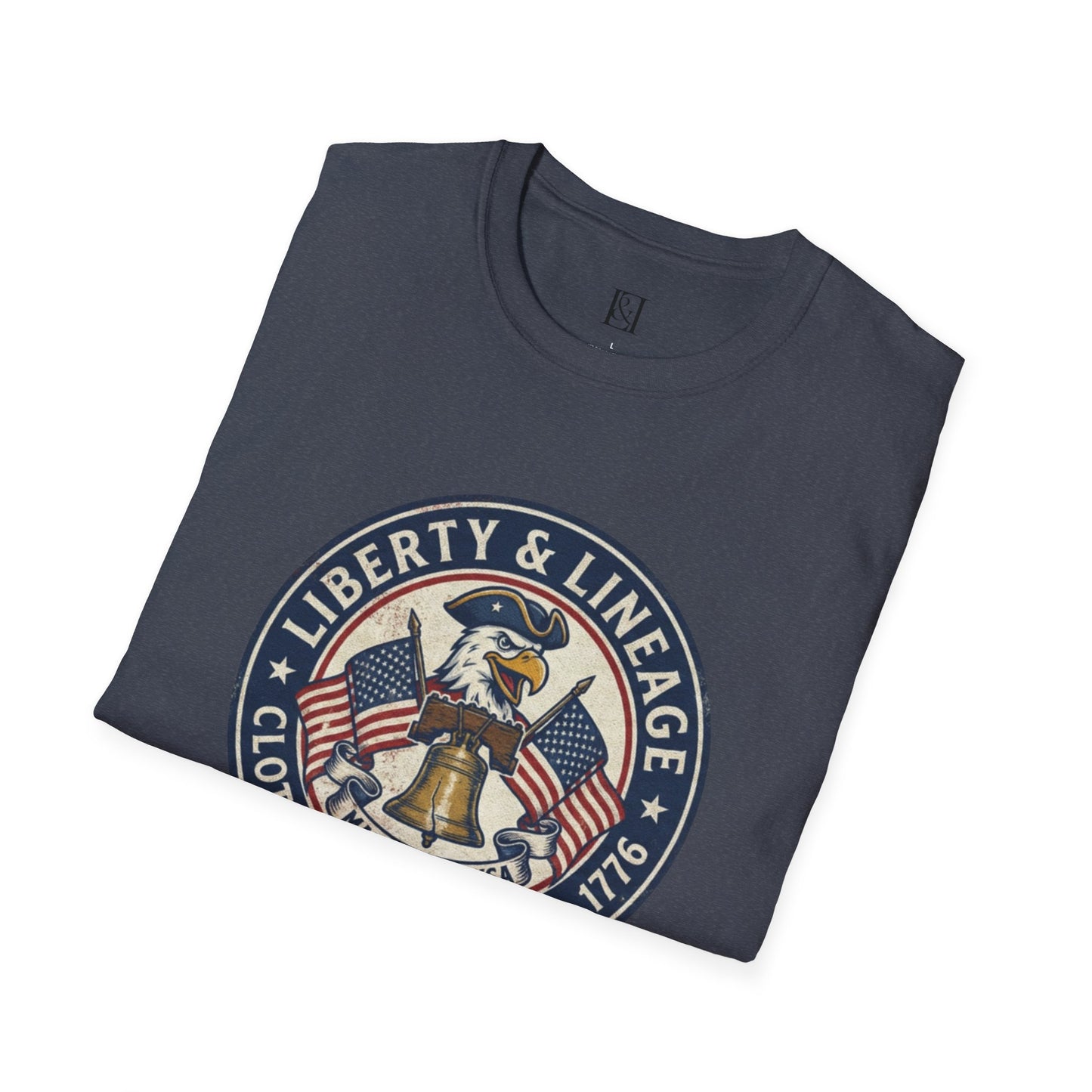 L&L T-Shirt - Vintage Colonial Eagle Patch + Flags + Liberty Bell