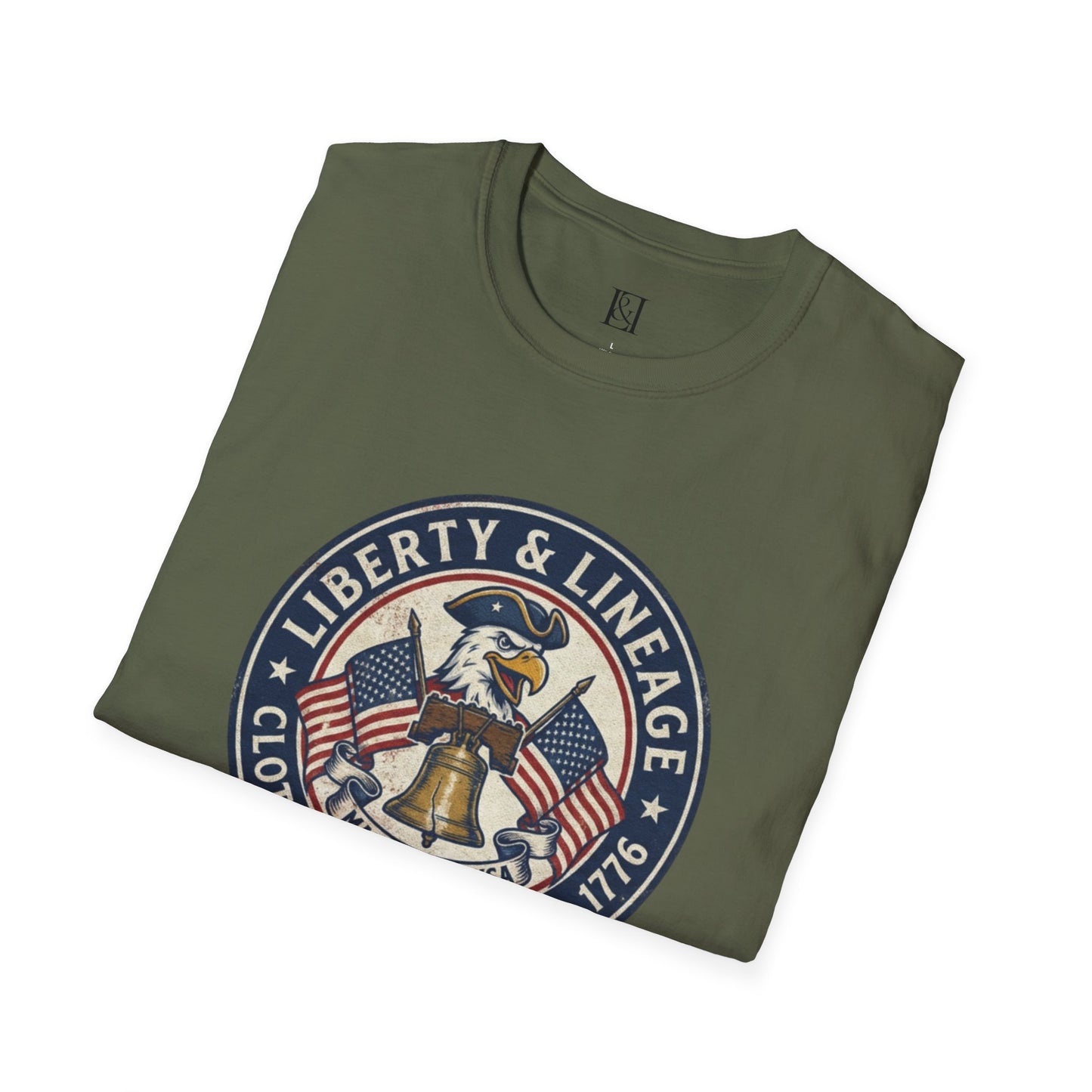 L&L T-Shirt - Vintage Colonial Eagle Patch + Flags + Liberty Bell