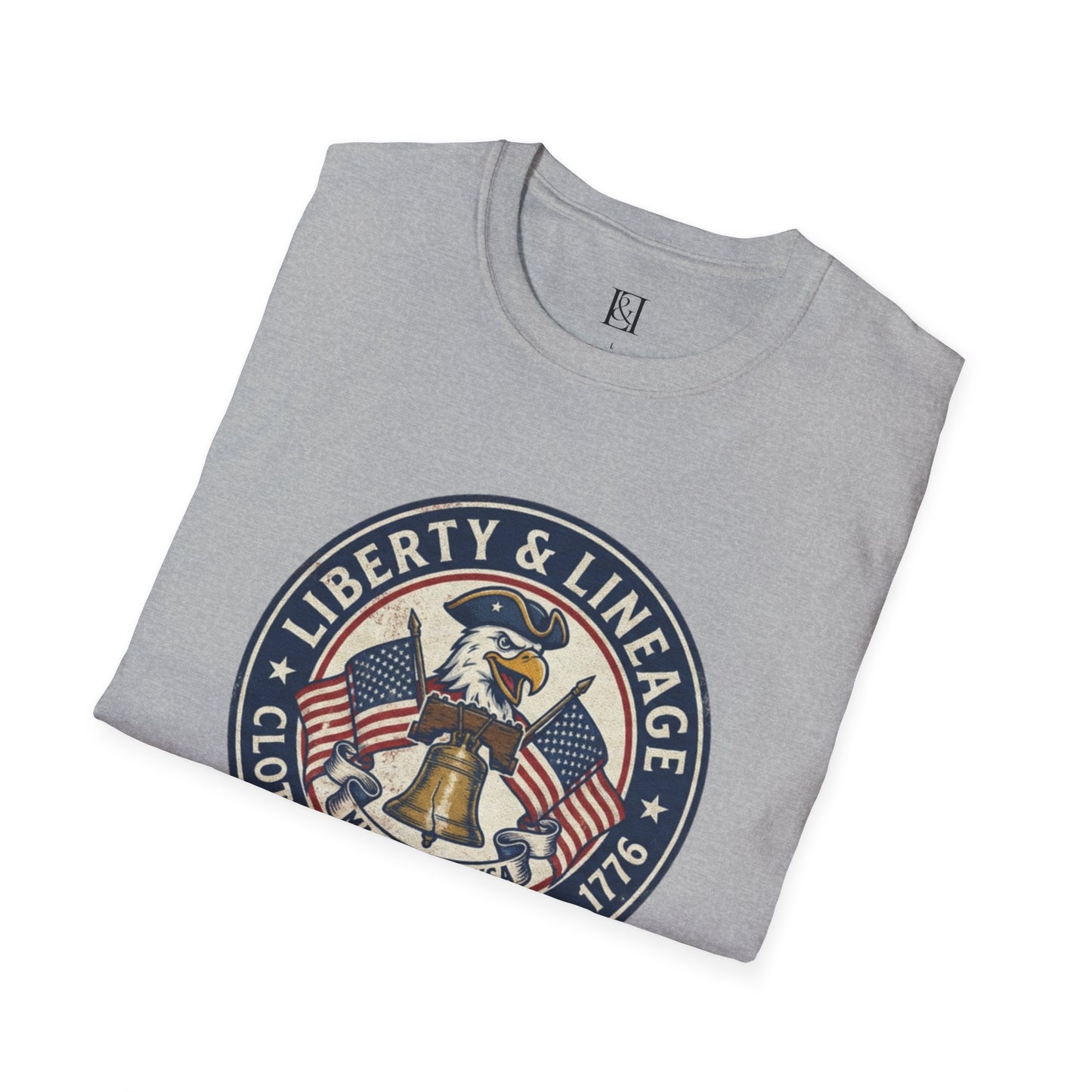 L&L T-Shirt - Vintage Colonial Eagle Patch + Flags + Liberty Bell