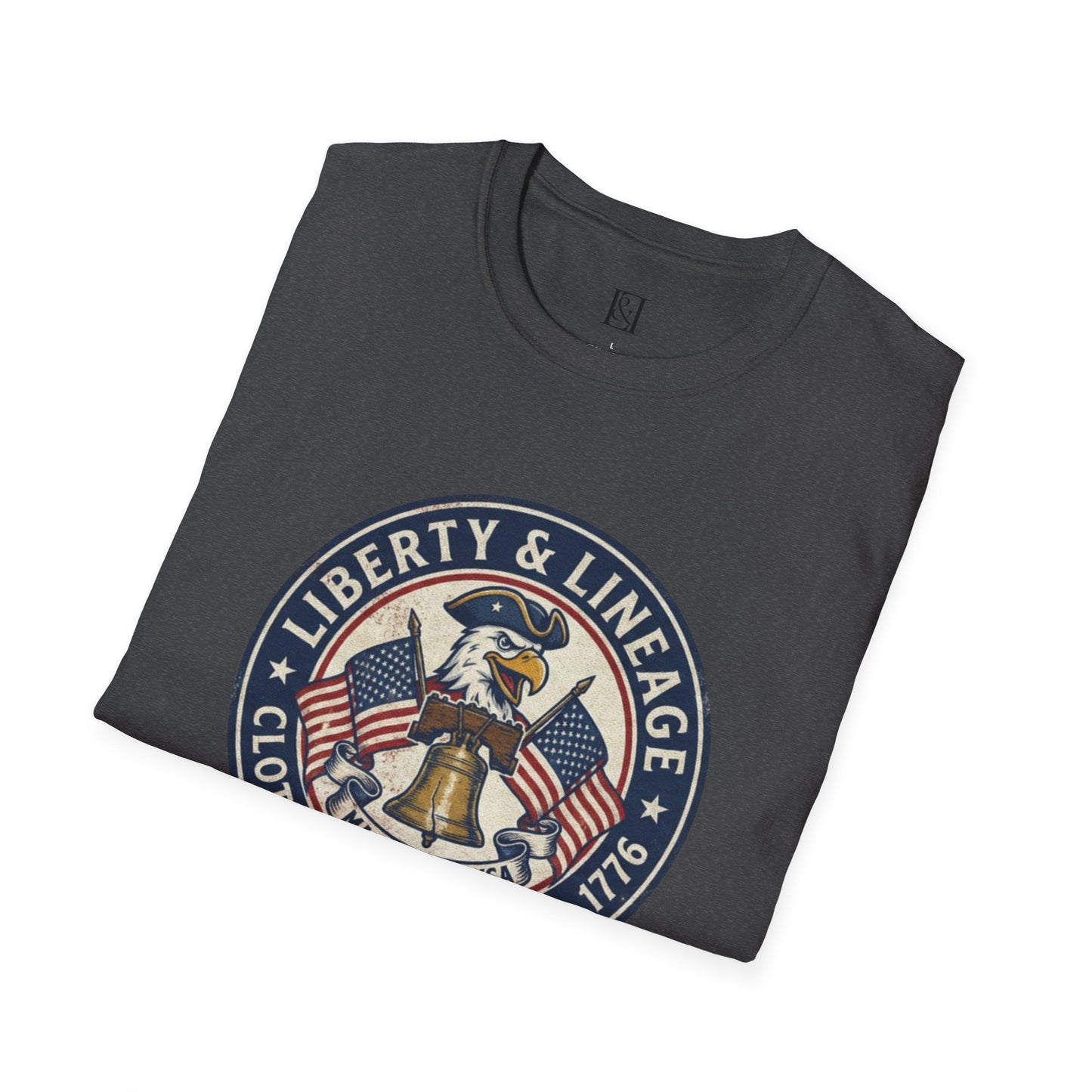 L&L T-Shirt - Vintage Colonial Eagle Patch + Flags + Liberty Bell