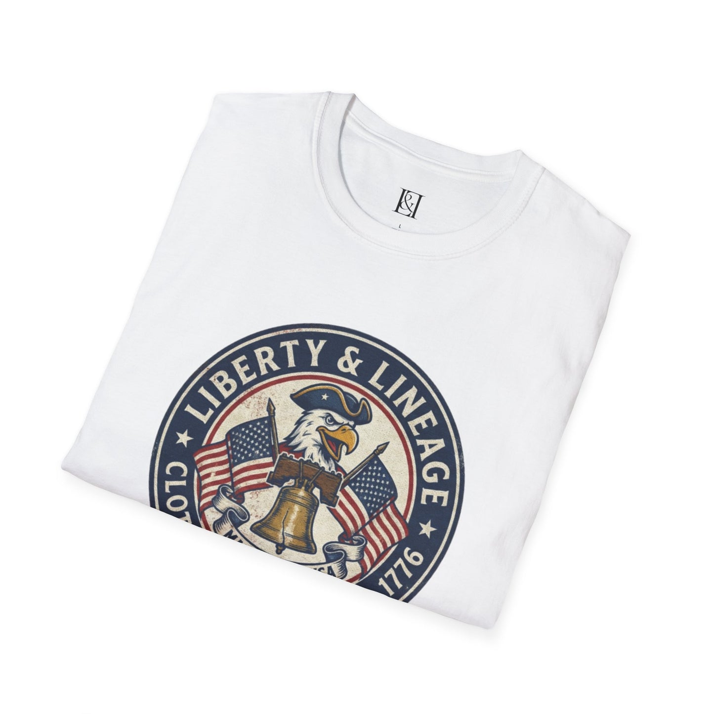 L&L T-Shirt - Vintage Colonial Eagle Patch + Flags + Liberty Bell